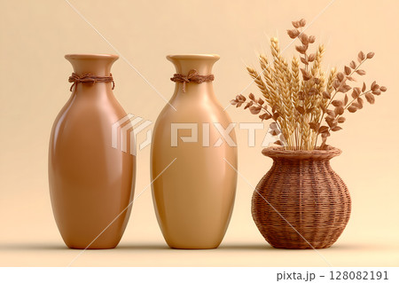 Elegant ceramic vases in warm tones with woven basket holding dried flowers create serene and minimalistic decor Elegant ceramic vases in warm tones with woven basket holding dried flowers create serene and minimalistic decor 128082191