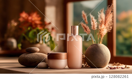 Skincare product display with pastel pink bottles, natural elements, and soft lighting creates serene atmosphere for beauty enthusiasts Skincare product display with pastel pink bottles, natural elements, and soft lighting creates serene atmosphere for beauty enthusiasts 128082261