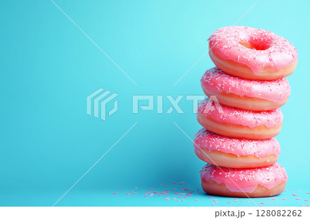 Delicious stack of pink frosted donuts with sprinkles against vibrant blue background, evoking sense of joy and sweetness 128082262
