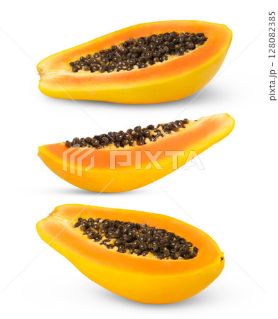 Collection of ripe orang papaya fruit slices isolated. Slice of papaya fruit cut out. Collection of ripe orang papaya fruit slices isolated. Slice of papaya fruit cut out. 128082385