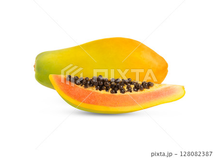 Ripe orange papaya fruit and a slice with seeds isolated. 128082387