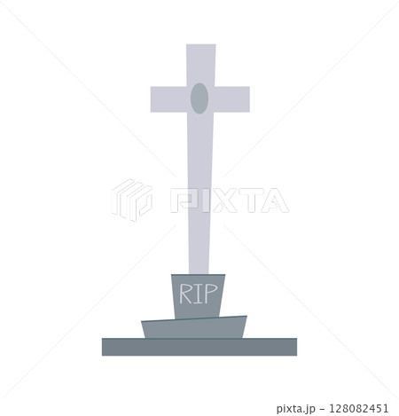 A simple illustration of a grey cross shaped tombstone. Halloween themed element with spooky and fun atmosphere. A simple illustration of a grey cross shaped tombstone. Halloween themed element with spooky and fun atmosphere. 128082451