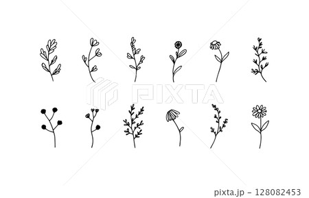 Ink Botanical Mix. A refined mix of floral line elements with blooming flowers and natural foliage in a soft ink style. 128082453