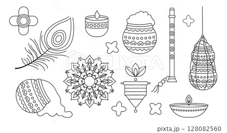 Krishna Janmashtami icon set in linear style Krishna Janmashtami icon set in linear style 128082560