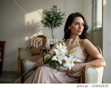 Elegant Woman with Lilies in Sunlit Room 128082638