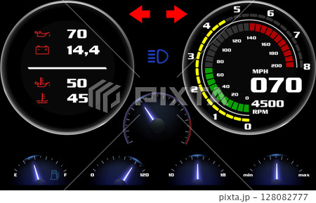 Car dashboard modern automobile control illuminated panel speed display vector illustration. 128082777