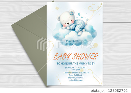 Personalized Baby Shower Invitations Teddy Bear Sleeping On Cloud. 128082792