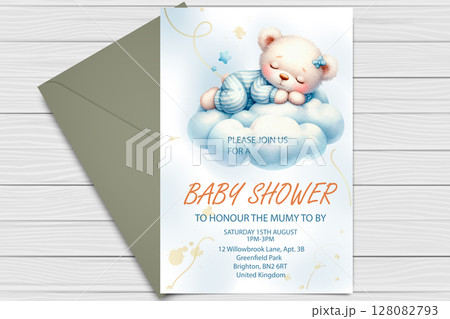 Personalized Baby Shower Invitations Teddy Bear Sleeping On Cloud. 128082793