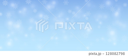 Winter landscape background with blue color and falling snowflakes. Snow illustration for New Year decoration. 128082798