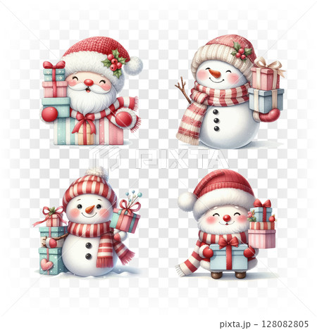 Set of Christmas watercolor elements of snowmen and santa. Holiday clip art for Christmas card, sticker and print. 128082805