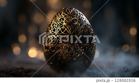 Intricate golden filigree egg with bokeh light backdrop 128082816