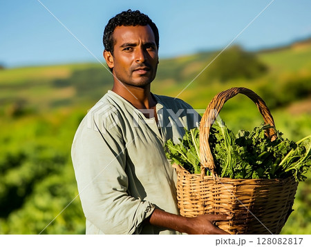 Farmer with fresh greens harvest in countryside 128082817
