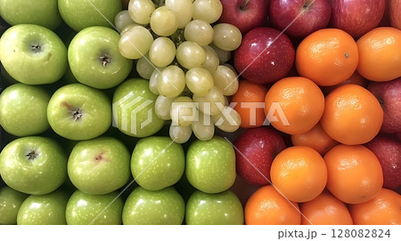 Fresh and Colorful Assorted Fruits Displayed in Neat Arrangement 128082824