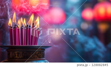 Burning Incense Sticks with Rising Smoke in a Spiritual Setting 128082845