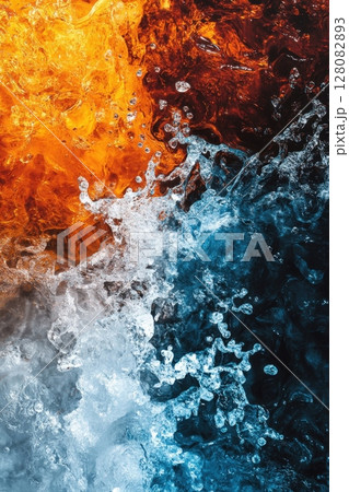 Dramatic clash of ice and fire in dynamic close-up - vertical photo 128082893
