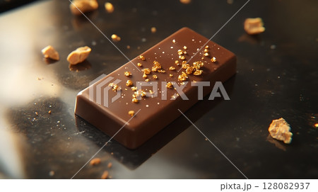 Dark Chocolate Bar with Golden Crystals and Crunchy Pieces 128082937