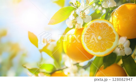 Orange fruits close-up on branch in sunny day 128082947