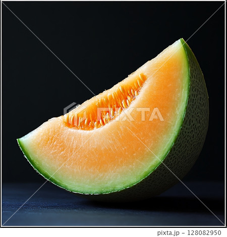 Fresh melon slice showing orange flesh and green rind Fresh melon slice showing orange flesh and green rind 128082950