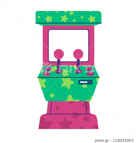 candy-themed arcade game machine empty screen a joystick button controller candy-themed arcade game machine empty screen a joystick button controller 128083003