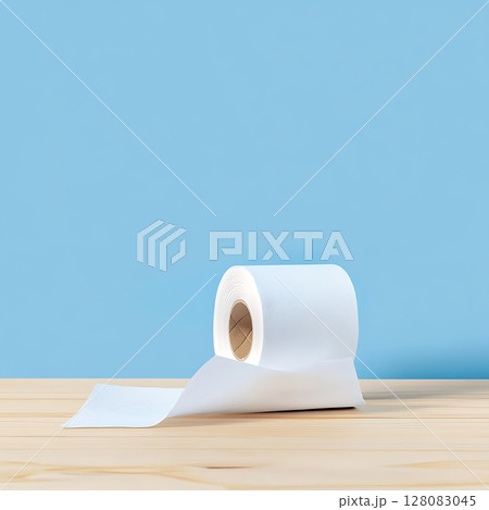 White roll of toilet paper against a light blue background. White roll of toilet paper against a light blue background. 128083045