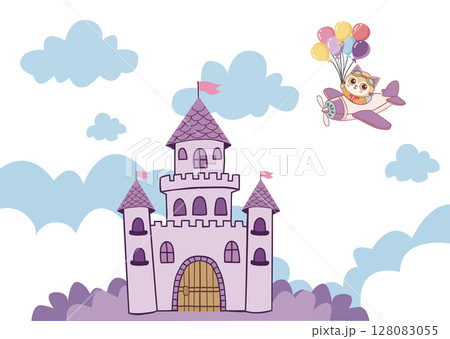 purple castle illustration and A cute kitten above is flying on a plane purple castle illustration and A cute kitten above is flying on a plane 128083055