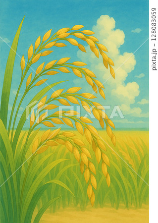 青空と風に揺れる稲穂 128083059