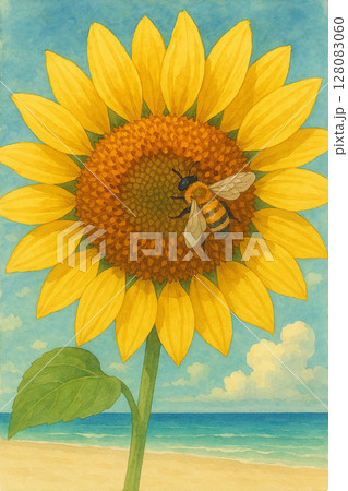 ひまわりで蜜を集めるミツバチ 128083060
