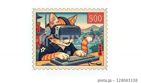 VRヘッドセットを装着してパソコンを操作する猫の切手デザイン VRヘッドセットを装着してパソコンを操作する猫の切手デザイン 128083138
