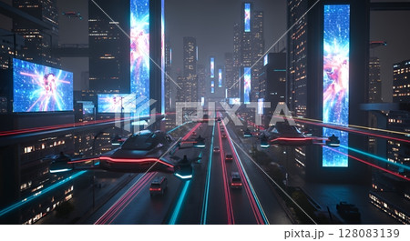 未来の都市 夜空を飛ぶ自動運転車と巨大なデジタルサイネージ	 128083139