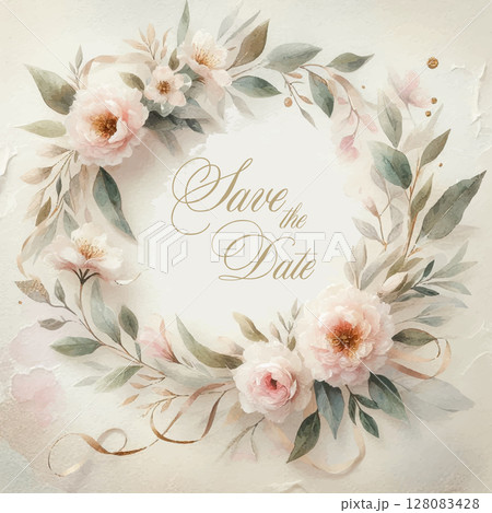 Elegant Watercolor Wedding Invitation Template with Floral Wreath and Gold Accents. Dreamy Floral Save the Date. Elegant Watercolor Wedding Invitation Template with Floral Wreath and Gold Accents. Dreamy Floral Save the Date. 128083428