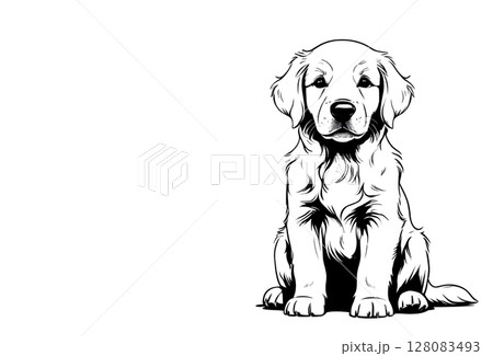 白背景にお座りする犬のモノクロイラスト 128083493