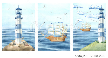 Postcards with lighthouse, sailing ship , clouds, birds. Hand drawn watercolor illustration of seascapes. Nautical themed ideal for maritime, travel or adventure designs. Sea life aesthetic. Postcards with lighthouse, sailing ship , clouds, birds. Hand drawn watercolor illustration of seascapes. Nautical themed ideal for maritime, travel or adventure designs. Sea life aesthetic. 128083506