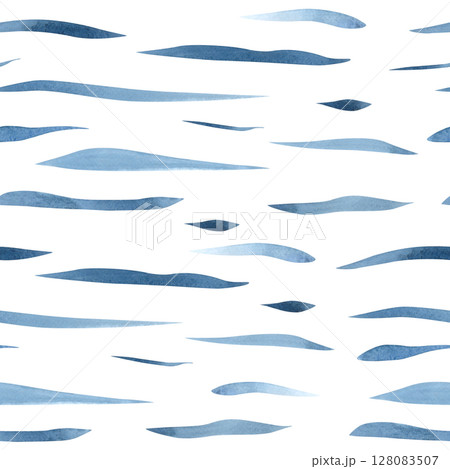 Seamless pattern with blue waves, lines, stripes, stylized water. Hand drawn watercolor illustration of sea geometric print on white background. Chaotic drawing for textile, fabric, packaging, clothes Seamless pattern with blue waves, lines, stripes, stylized water. Hand drawn watercolor illustration of sea geometric print on white background. Chaotic drawing for textile, fabric, packaging, clothes 128083507