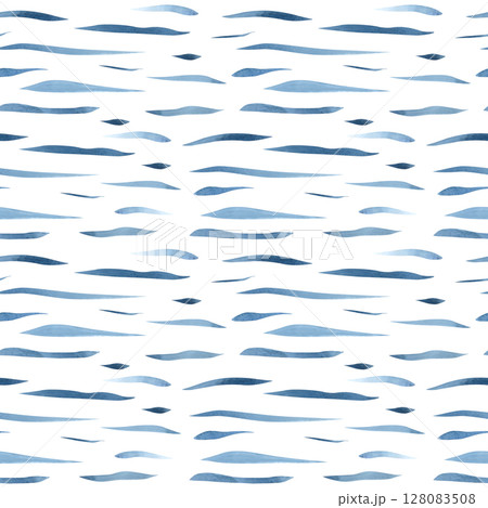Seamless pattern with blue waves, lines, stripes, stylized water. Hand drawn watercolor illustration of sea geometric print on white background. Chaotic drawing for textile, fabric, packaging, clothes Seamless pattern with blue waves, lines, stripes, stylized water. Hand drawn watercolor illustration of sea geometric print on white background. Chaotic drawing for textile, fabric, packaging, clothes 128083508