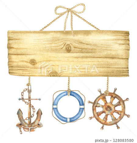 Wooden signboard hangs from a rope with a steering wheel, anchor and lifebuoy decoration. Hand drawn watercolor illustration of plank on isolated background. Marine vibe template with space for text. Wooden signboard hangs from a rope with a steering wheel, anchor and lifebuoy decoration. Hand drawn watercolor illustration of plank on isolated background. Marine vibe template with space for text. 128083580