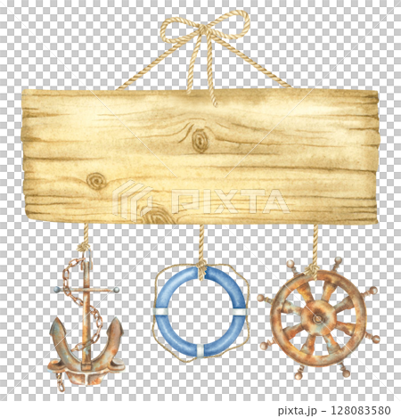 Wooden signboard hangs from a rope with a steering wheel, anchor and lifebuoy decoration. Hand drawn watercolor illustration of plank on isolated background. Marine vibe template with space for text. Wooden signboard hangs from a rope with a steering wheel, anchor and lifebuoy decoration. Hand drawn watercolor illustration of plank on isolated background. Marine vibe template with space for text. 128083580