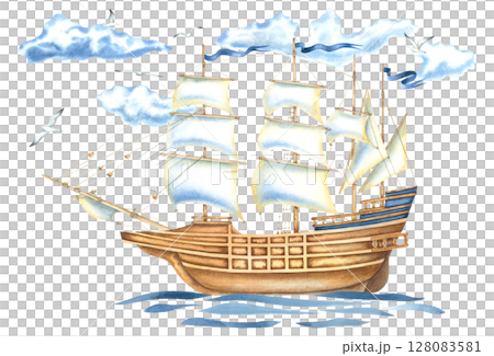 A wooden sailing ship floats on the sea waves, against a gloomy sky, seagulls fly around. Hand drawn watercolor illustration of an ancient frigate on isolated background. Marine style drawing. A wooden sailing ship floats on the sea waves, against a gloomy sky, seagulls fly around. Hand drawn watercolor illustration of an ancient frigate on isolated background. Marine style drawing. 128083581