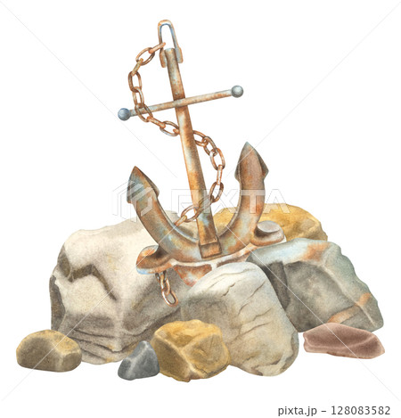 Aged rusty anchor with a large chain wrapped around it stands among rocks. Hand drawn watercolor illustration of textured metal anker with brown blue hues on isolated background. For maritime designs. 128083582