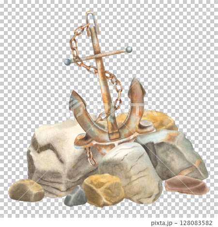 Aged rusty anchor with a large chain wrapped around it stands among rocks. Hand drawn watercolor illustration of textured metal anker with brown blue hues on isolated background. For maritime designs. 128083582
