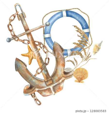 Anchor, lifebuoy, shells and starfish. Hand drawn watercolor illustration of marine themes attributes on isolated background. Nautical themed composition ideal for maritime, travel or adventure design 128083583
