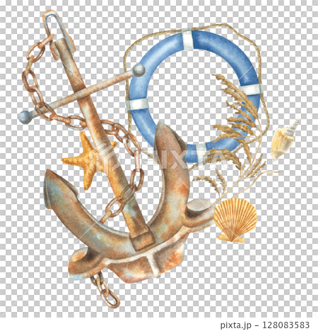 Anchor, lifebuoy, shells and starfish. Hand drawn watercolor illustration of marine themes attributes on isolated background. Nautical themed composition ideal for maritime, travel or adventure design 128083583
