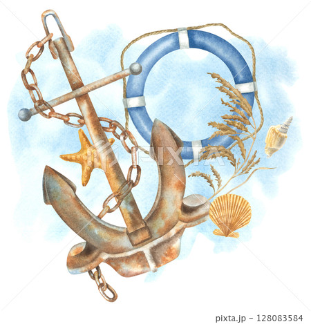 Anchor, lifebuoy, shells and starfish. Hand drawn watercolor illustration of marine themes attributes on isolated background. Nautical themed composition ideal for maritime, travel or adventure design 128083584