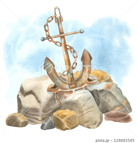 Aged rusty anchor with a large chain wrapped around it stands among rocks. Hand drawn watercolor illustration of textured metal anker with brown blue hues on isolated background. For maritime designs. 128083585