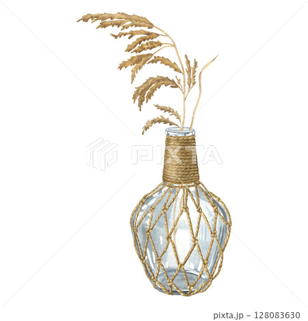 Dry natural reed plant in glass bottle wrapped with rope netting. Hand drawn watercolor illustration of pampas grass and flask on isolated background. Use for cards and invitations in boho style. 128083630