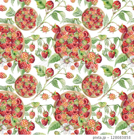Raspberry mulberry berries, branches leaves served on ceramic dish, ripe picked harvest hand drawn in watercolor. Isolated seamless pattern. Farmers market grocery menu, wrapping paper, food packaging Raspberry mulberry berries, branches leaves served on ceramic dish, ripe picked harvest hand drawn in watercolor. Isolated seamless pattern. Farmers market grocery menu, wrapping paper, food packaging 128083858
