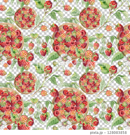 Raspberry mulberry berries, branches leaves served on ceramic dish, ripe picked harvest hand drawn in watercolor. Isolated seamless pattern. Farmers market grocery menu, wrapping paper, food packaging 128083858