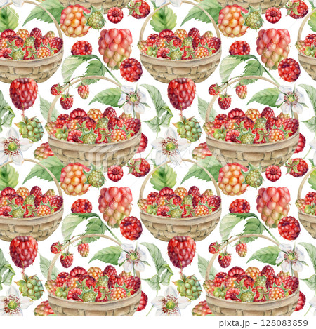 Raspberry with leaves in weaved basket. Scattered ripe picked forest garden berry harvest, hand drawn in watercolor. Isolated seamless pattern. Home preserves, textile linens, food store, packaging Raspberry with leaves in weaved basket. Scattered ripe picked forest garden berry harvest, hand drawn in watercolor. Isolated seamless pattern. Home preserves, textile linens, food store, packaging 128083859
