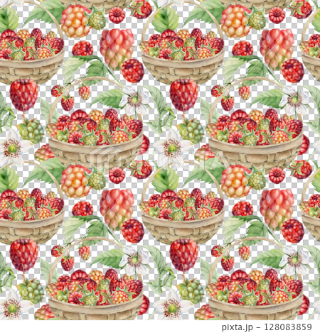 Raspberry with leaves in weaved basket. Scattered ripe picked forest garden berry harvest, hand drawn in watercolor. Isolated seamless pattern. Home preserves, textile linens, food store, packaging Raspberry with leaves in weaved basket. Scattered ripe picked forest garden berry harvest, hand drawn in watercolor. Isolated seamless pattern. Home preserves, textile linens, food store, packaging 128083859