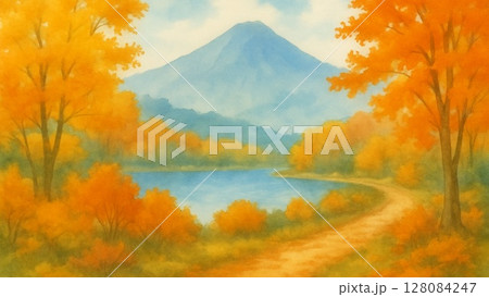 湖畔に続く秋の紅葉と富士の山景 湖畔に続く秋の紅葉と富士の山景 128084247