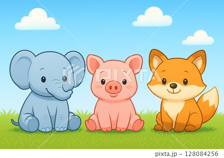 ぞう・ぶた・きつねのかわいい動物キャラクターのイラスト 128084256